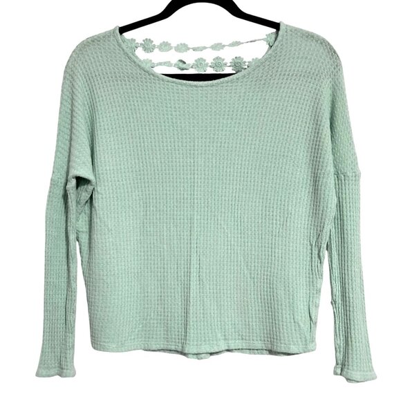 Y2K Top Womens XS Mint Green Waffle Knit Long Sleeve Shirt With Floral Lace Back - Picture 1 of 8